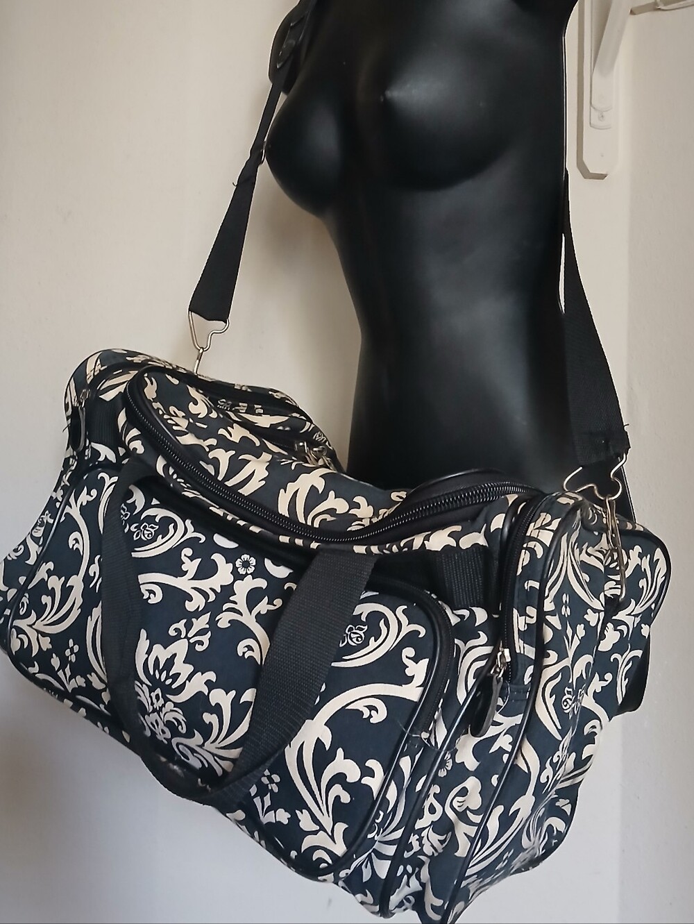 Duffel Bag Womens Black and Cream Patterned Shoulder Bag Carry On